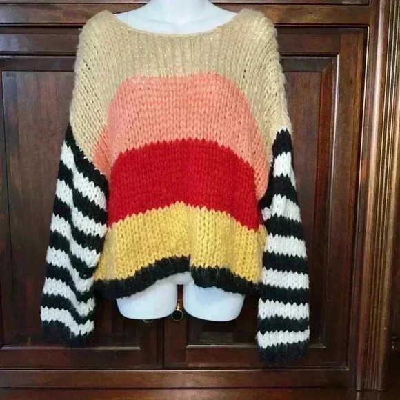BlankNYC Wool Mix Crochet Multicolor Colorblock & Striped Chunky Sweater /Size S - Picture 2 of 15